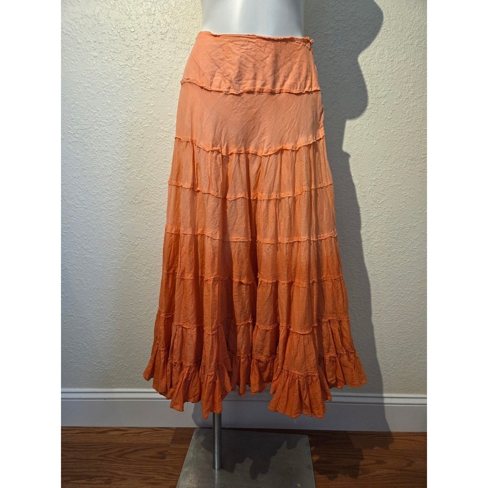 Heart Moon Star‎ Orange Ombre Tiered Maxi Skirt Boho Cotton Gauze Womens Small